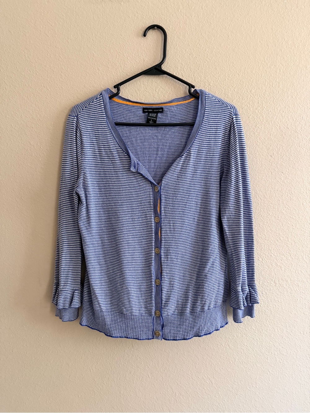 New York & Company Blue and White Striped Button Front Cardigan